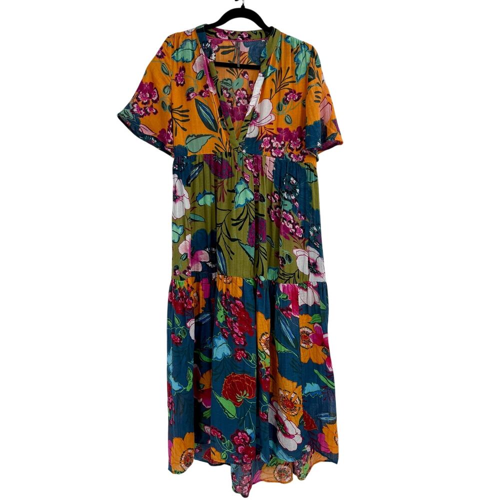 By Anthropologie Split Neck Tiered Colorful Patchwork Floral Print Dress Size S